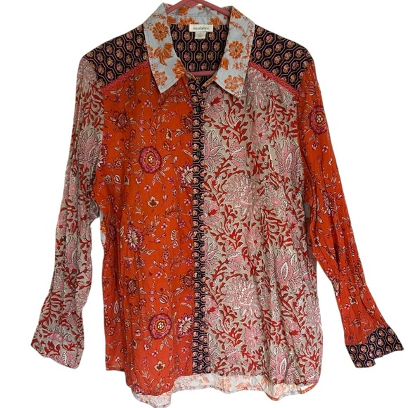 Sundance KalamarianOrange Floral Patchwork Blouse Cotton Size Large Boho - Picture 3 of 13